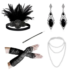 1920s Accessories Headband Necklace Gloves Cigarette Holder Flapper Costume Accessories Set for Women 1111da
