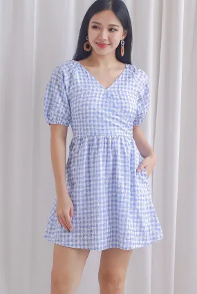 Evvie Gingham Embro Faux Wrap Romper In Blue