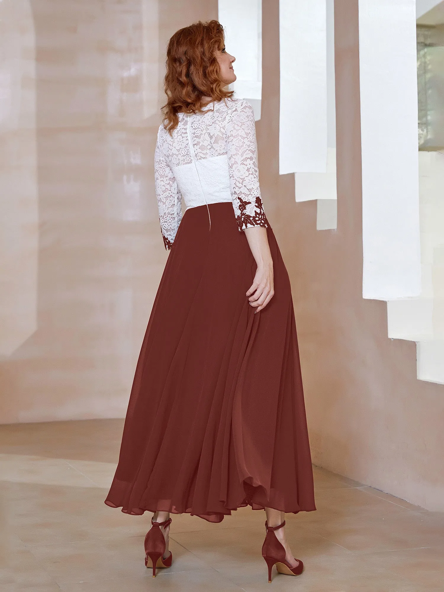 Illusion Neckline Applique Long Sleeves Dress Terracotta