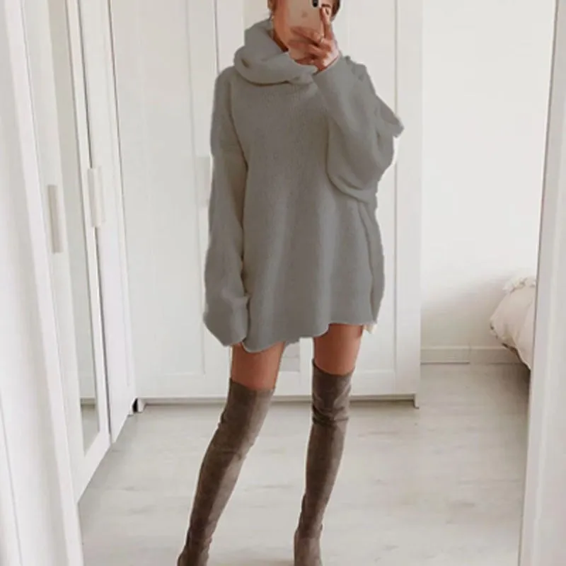 Joskaa hoco dresses Autumn Elegant Solid Office Lady Mini Dress Women Turtleneck Warm Winter Sweater Dress Casual Long Sleeve Knitted Pullover Dress