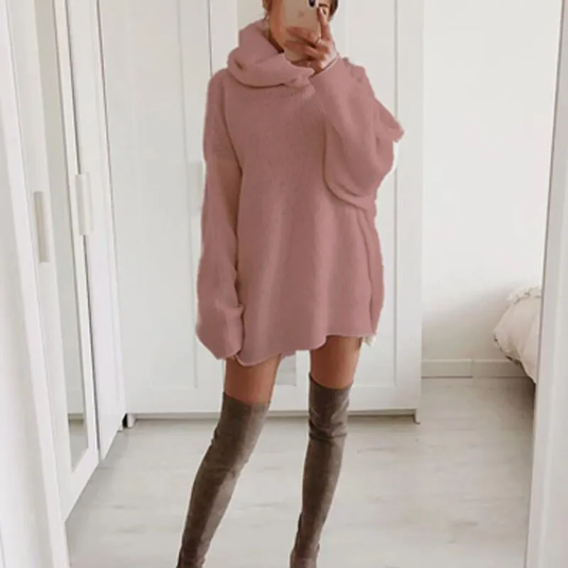 Joskaa hoco dresses Autumn Elegant Solid Office Lady Mini Dress Women Turtleneck Warm Winter Sweater Dress Casual Long Sleeve Knitted Pullover Dress