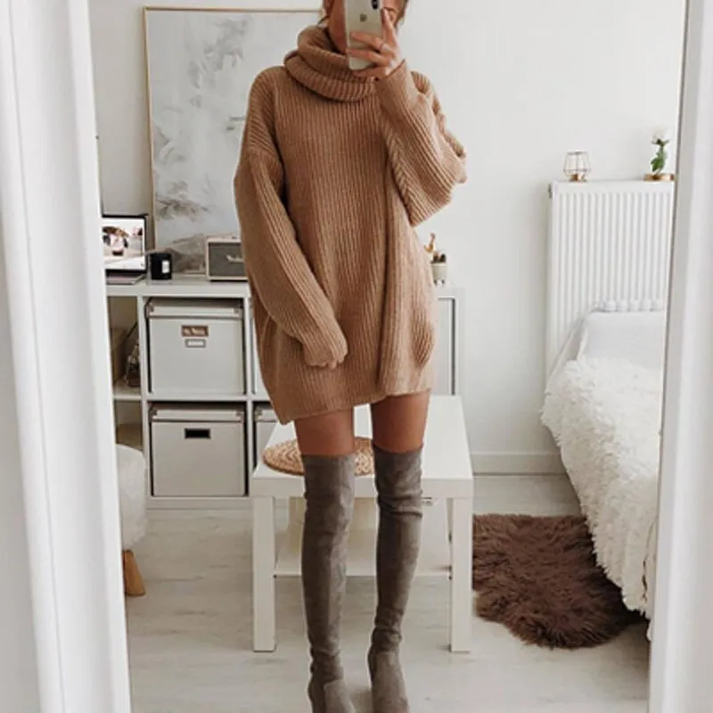 Joskaa hoco dresses Autumn Elegant Solid Office Lady Mini Dress Women Turtleneck Warm Winter Sweater Dress Casual Long Sleeve Knitted Pullover Dress