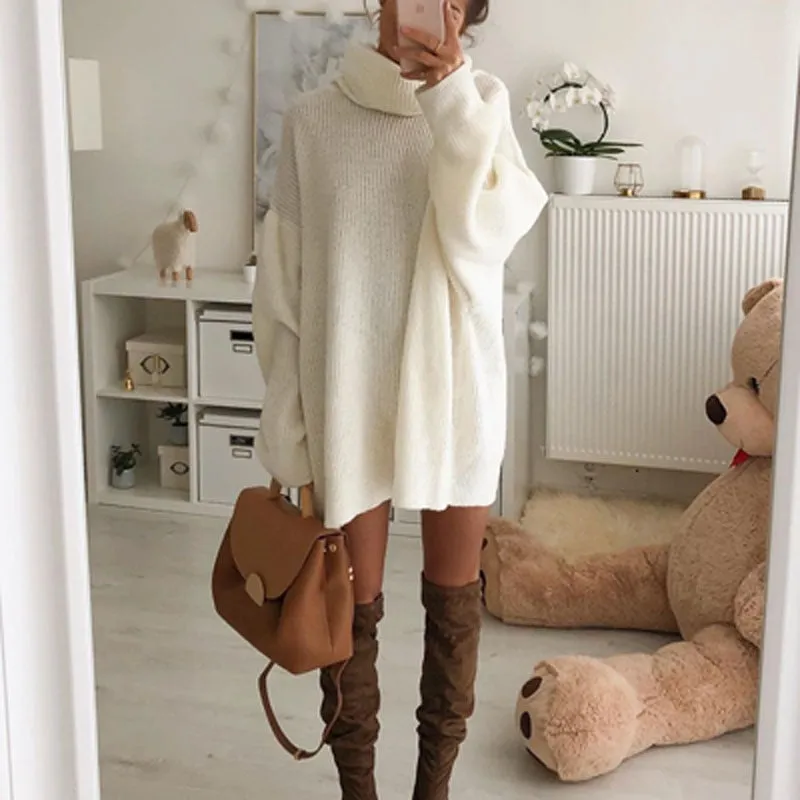 Joskaa hoco dresses Autumn Elegant Solid Office Lady Mini Dress Women Turtleneck Warm Winter Sweater Dress Casual Long Sleeve Knitted Pullover Dress