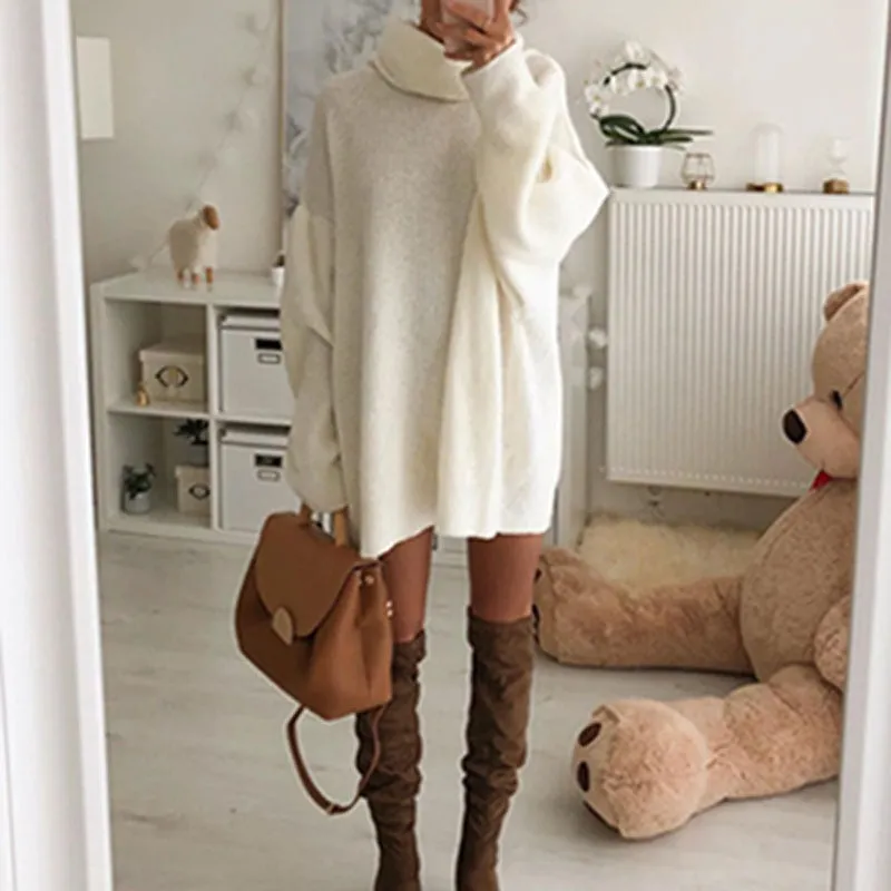 Joskaa hoco dresses Autumn Elegant Solid Office Lady Mini Dress Women Turtleneck Warm Winter Sweater Dress Casual Long Sleeve Knitted Pullover Dress
