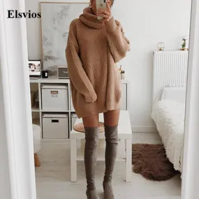 Joskaa hoco dresses Autumn Elegant Solid Office Lady Mini Dress Women Turtleneck Warm Winter Sweater Dress Casual Long Sleeve Knitted Pullover Dress