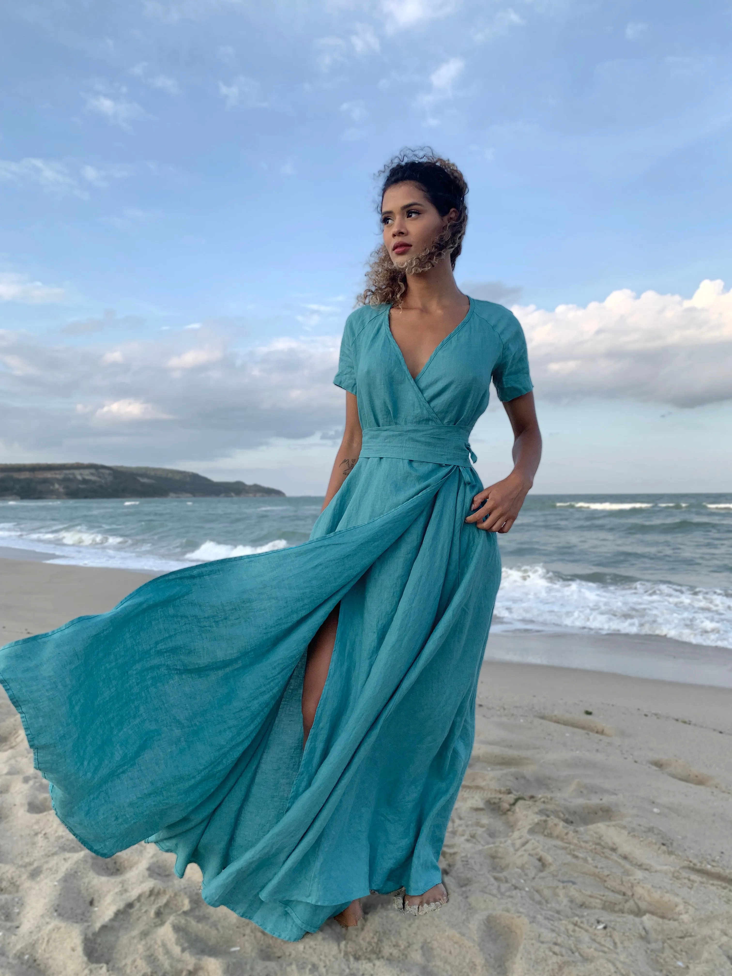 Maxi Linen Gown with Wrap Belt